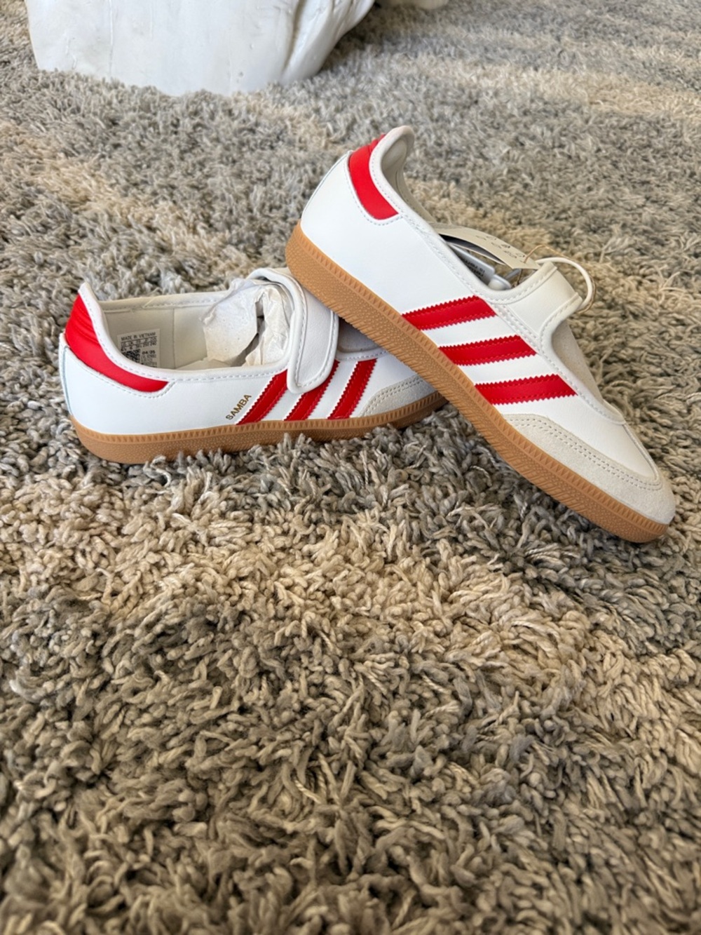 Adidas White Samba Jane Sneakers with Red Stripes and Gum Sole
